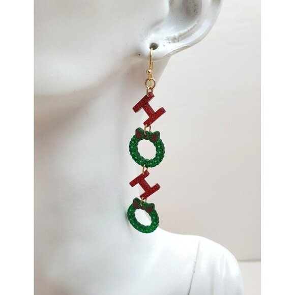unbranded Jewelry - HO HO Christmas Earrings Hanging Dangle Gold Finish Red Green
